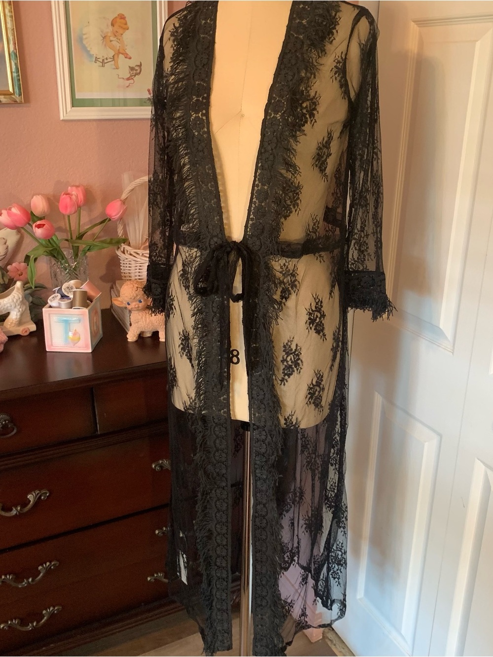SOUL JOURNEY Black Lace Sheer Robe Kimono with Tie Closure